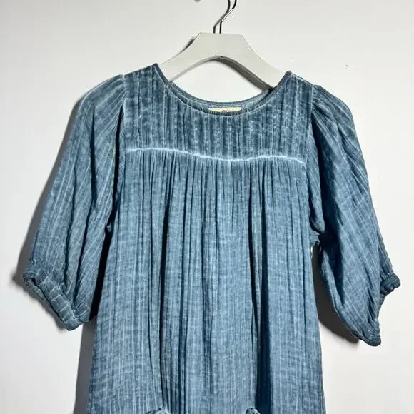 Natural Life Gauze Mini Dress Women S Blue Cotton Minimal Cottage Puff Sleeve - Picture 4 of 8